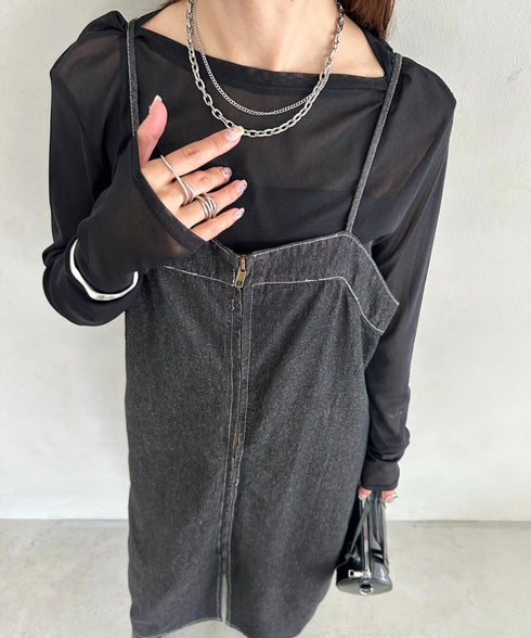 高身長さんも嬉しい♪LONGサイズ展開有 フロントジップデニムロングジャンパースカート デニムジャンスカ | MD2262063 | ブラック