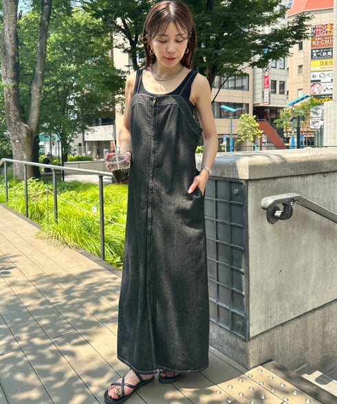 高身長さんも嬉しい♪LONGサイズ展開有 フロントジップデニムロングジャンパースカート デニムジャンスカ | MD2262063 | ブラック
