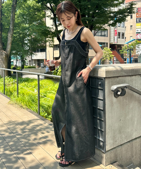 高身長さんも嬉しい♪LONGサイズ展開有 フロントジップデニムロングジャンパースカート デニムジャンスカ | MD2262063 | ブラック