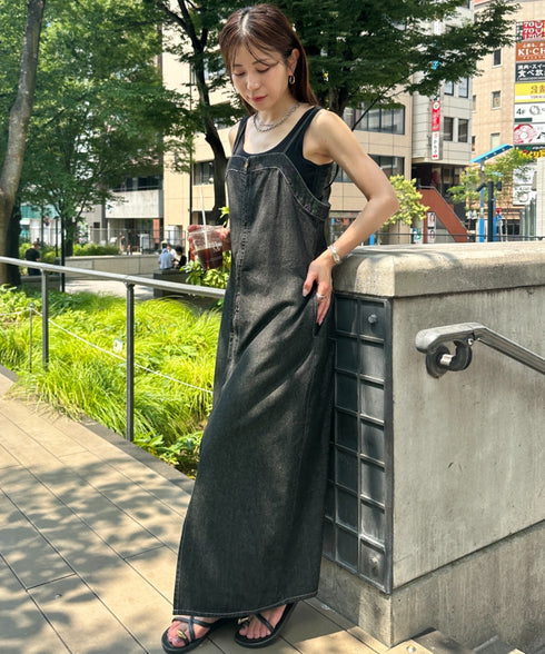 高身長さんも嬉しい♪LONGサイズ展開有 フロントジップデニムロングジャンパースカート デニムジャンスカ | MD2262063 | ブラック