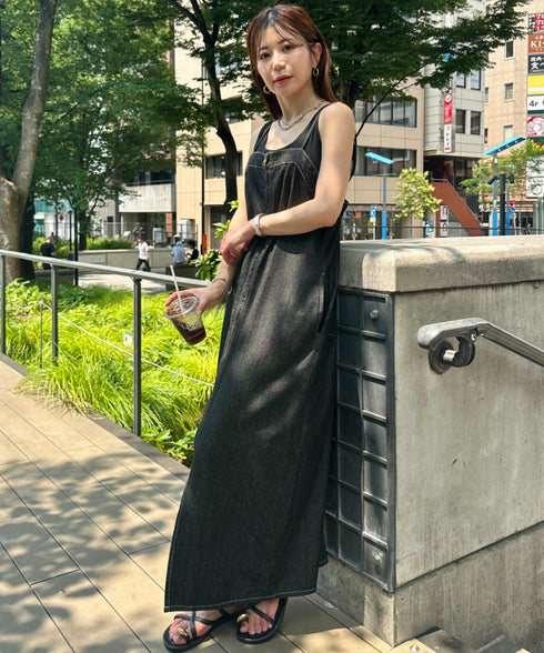 高身長さんも嬉しい♪LONGサイズ展開有 フロントジップデニムロングジャンパースカート デニムジャンスカ | MD2262063 | ブラック