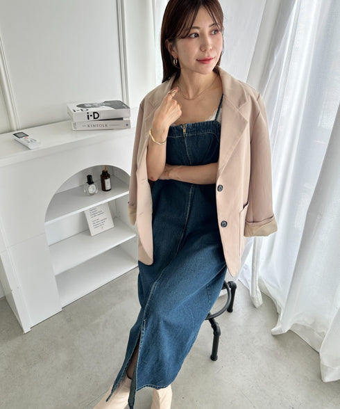 高身長さんも嬉しい♪LONGサイズ展開有 フロントジップデニムロングジャンパースカート デニムジャンスカ | MD2262063 | ブルー