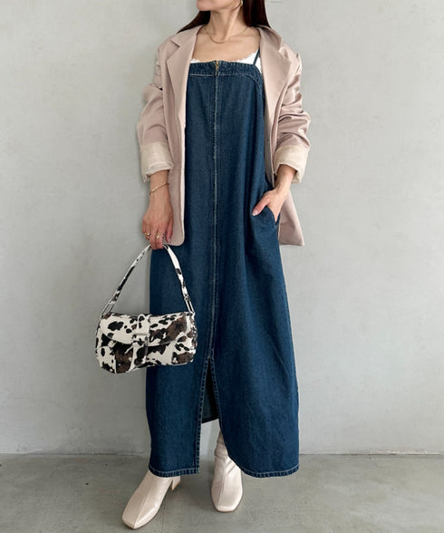 高身長さんも嬉しい♪LONGサイズ展開有 フロントジップデニムロングジャンパースカート デニムジャンスカ | MD2262063 | ブルー
