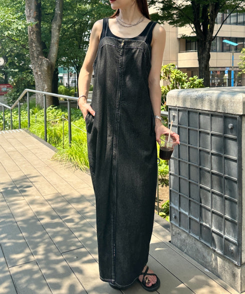 高身長さんも嬉しい♪LONGサイズ展開有 フロントジップデニムロングジャンパースカート デニムジャンスカ | MD2262063 | ブラック