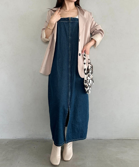 高身長さんも嬉しい♪LONGサイズ展開有 フロントジップデニムロングジャンパースカート デニムジャンスカ | MD2262063 | ブルー