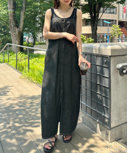 高身長さんも嬉しい♪LONGサイズ展開有 フロントジップデニムロングジャンパースカート デニムジャンスカ | MD2262063 | ブラック