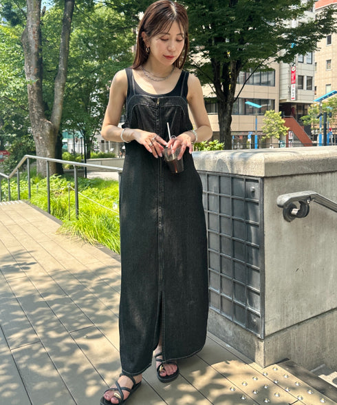 高身長さんも嬉しい♪LONGサイズ展開有 フロントジップデニムロングジャンパースカート デニムジャンスカ | MD2262063 | ブラック