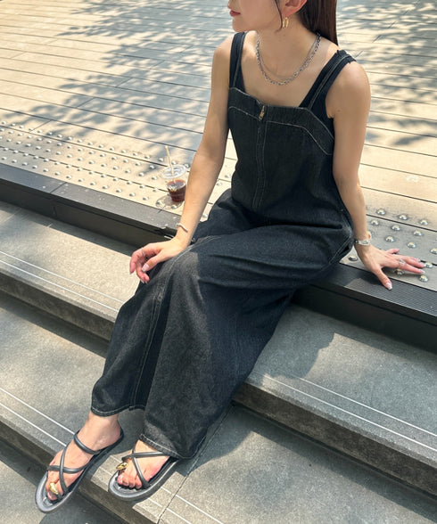 高身長さんも嬉しい♪LONGサイズ展開有 フロントジップデニムロングジャンパースカート デニムジャンスカ | MD2262063 | ブラック