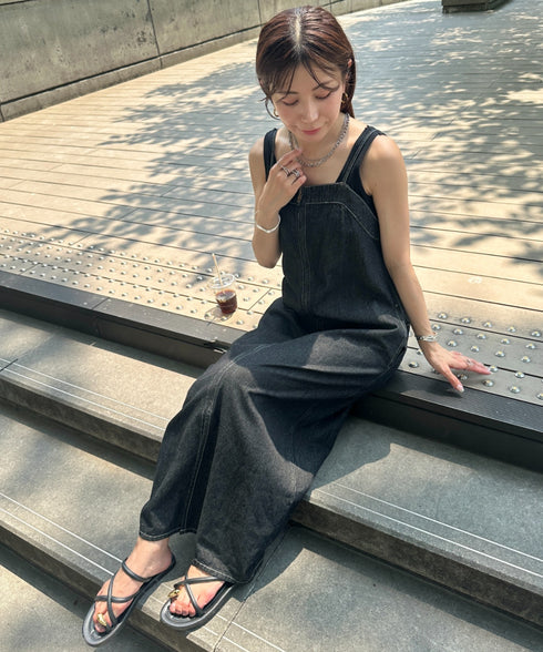 高身長さんも嬉しい♪LONGサイズ展開有 フロントジップデニムロングジャンパースカート デニムジャンスカ | MD2262063 | ブラック