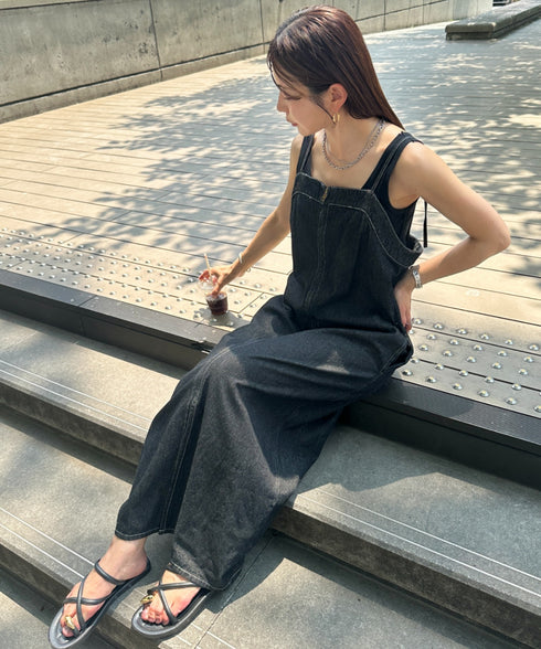 高身長さんも嬉しい♪LONGサイズ展開有 フロントジップデニムロングジャンパースカート デニムジャンスカ | MD2262063 | ブラック