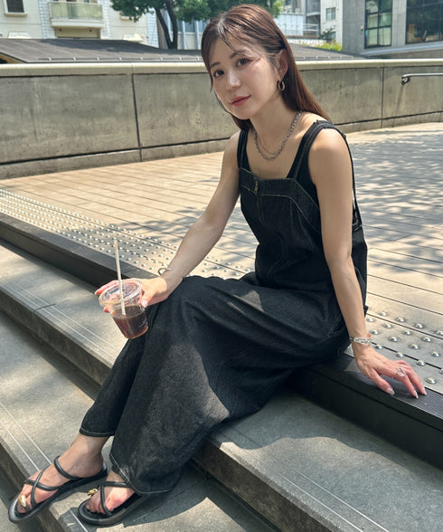 高身長さんも嬉しい♪LONGサイズ展開有 フロントジップデニムロングジャンパースカート デニムジャンスカ | MD2262063 | ブラック