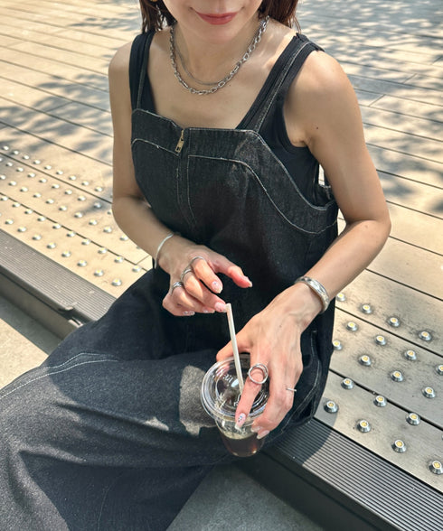 高身長さんも嬉しい♪LONGサイズ展開有 フロントジップデニムロングジャンパースカート デニムジャンスカ | MD2262063 | ブラック