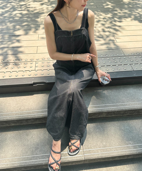高身長さんも嬉しい♪LONGサイズ展開有 フロントジップデニムロングジャンパースカート デニムジャンスカ | MD2262063 | ブラック