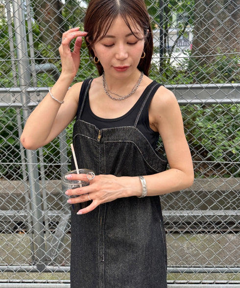高身長さんも嬉しい♪LONGサイズ展開有 フロントジップデニムロングジャンパースカート デニムジャンスカ | MD2262063 | ブラック