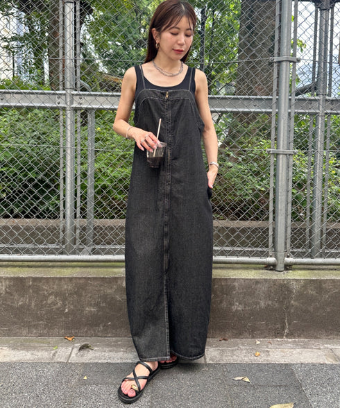 高身長さんも嬉しい♪LONGサイズ展開有 フロントジップデニムロングジャンパースカート デニムジャンスカ | MD2262063 | ブラック