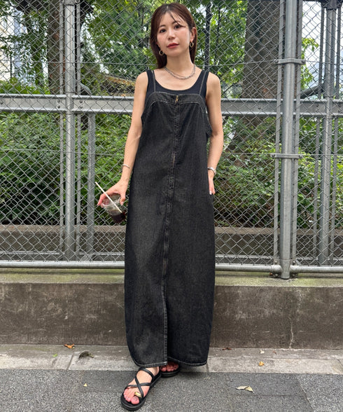高身長さんも嬉しい♪LONGサイズ展開有 フロントジップデニムロングジャンパースカート デニムジャンスカ | MD2262063 | ブラック