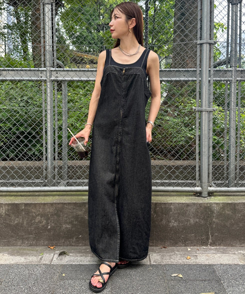 高身長さんも嬉しい♪LONGサイズ展開有 フロントジップデニムロングジャンパースカート デニムジャンスカ | MD2262063 | ブラック