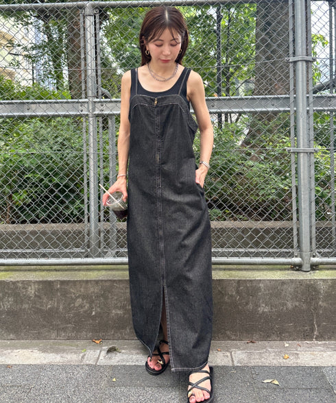 高身長さんも嬉しい♪LONGサイズ展開有 フロントジップデニムロングジャンパースカート デニムジャンスカ | MD2262063 | ブラック