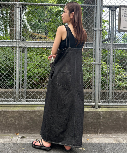 高身長さんも嬉しい♪LONGサイズ展開有 フロントジップデニムロングジャンパースカート デニムジャンスカ | MD2262063 | ブラック
