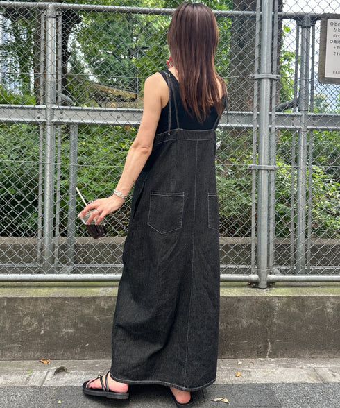 高身長さんも嬉しい♪LONGサイズ展開有 フロントジップデニムロングジャンパースカート デニムジャンスカ | MD2262063 | ブラック