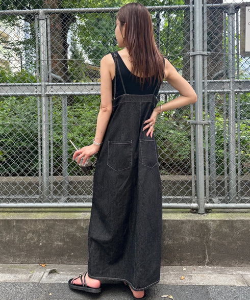 高身長さんも嬉しい♪LONGサイズ展開有 フロントジップデニムロングジャンパースカート デニムジャンスカ | MD2262063 | ブラック