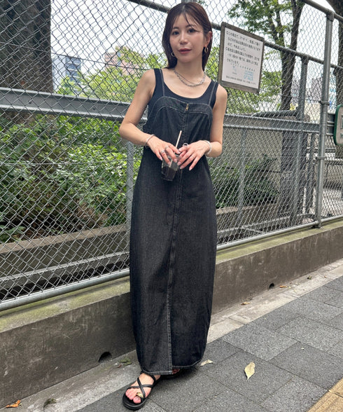 高身長さんも嬉しい♪LONGサイズ展開有 フロントジップデニムロングジャンパースカート デニムジャンスカ | MD2262063 | ブラック