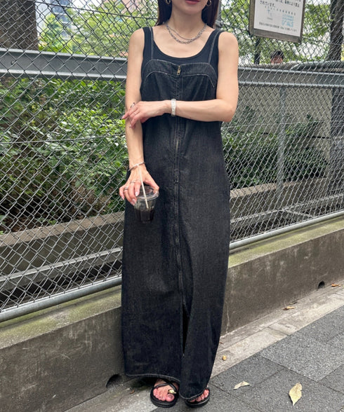 高身長さんも嬉しい♪LONGサイズ展開有 フロントジップデニムロングジャンパースカート デニムジャンスカ | MD2262063 | ブラック