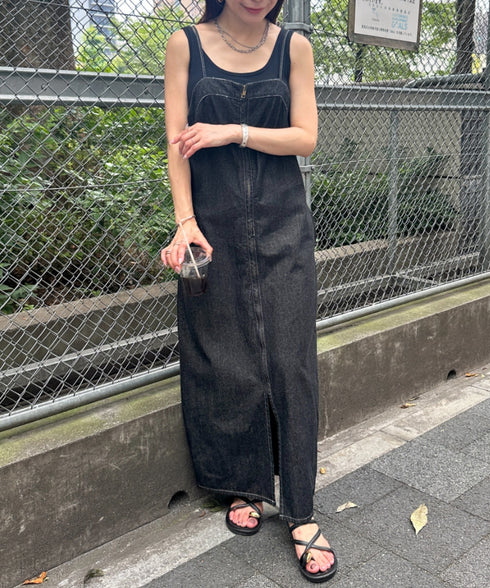 高身長さんも嬉しい♪LONGサイズ展開有 フロントジップデニムロングジャンパースカート デニムジャンスカ | MD2262063 | ブラック