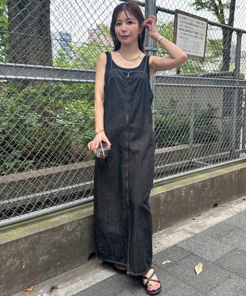 高身長さんも嬉しい♪LONGサイズ展開有 フロントジップデニムロングジャンパースカート デニムジャンスカ | MD2262063 | ブラック