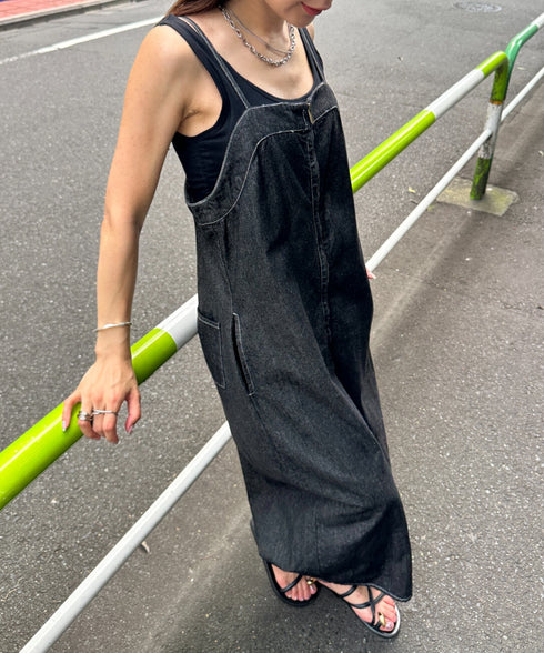 高身長さんも嬉しい♪LONGサイズ展開有 フロントジップデニムロングジャンパースカート デニムジャンスカ | MD2262063 | ブラック