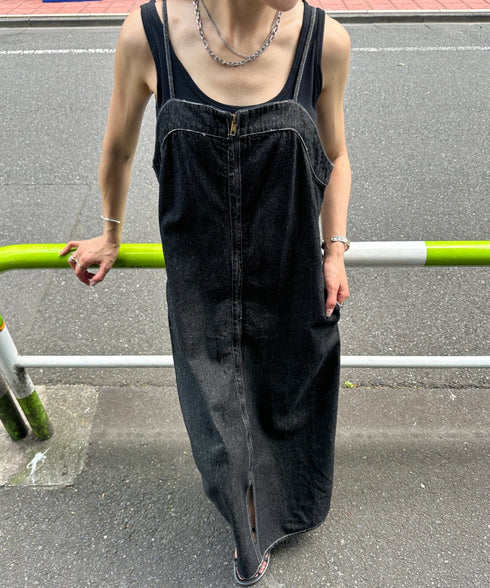 高身長さんも嬉しい♪LONGサイズ展開有 フロントジップデニムロングジャンパースカート デニムジャンスカ | MD2262063 | ブラック