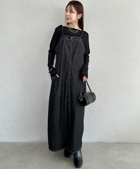 高身長さんも嬉しい♪LONGサイズ展開有 フロントジップデニムロングジャンパースカート デニムジャンスカ | MD2262063 | ブラック