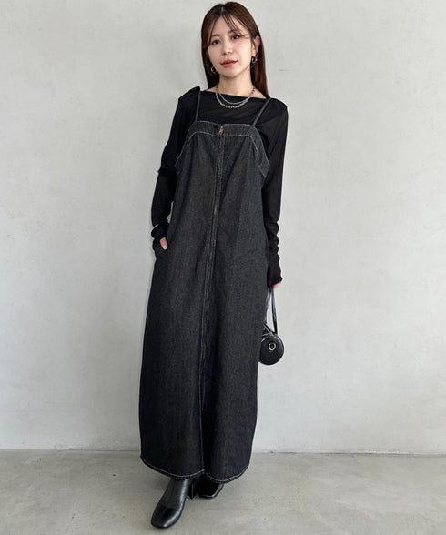 高身長さんも嬉しい♪LONGサイズ展開有 フロントジップデニムロングジャンパースカート デニムジャンスカ | MD2262063 | ブラック