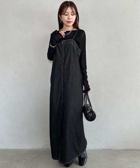 高身長さんも嬉しい♪LONGサイズ展開有 フロントジップデニムロングジャンパースカート デニムジャンスカ | MD2262063 | ブラック