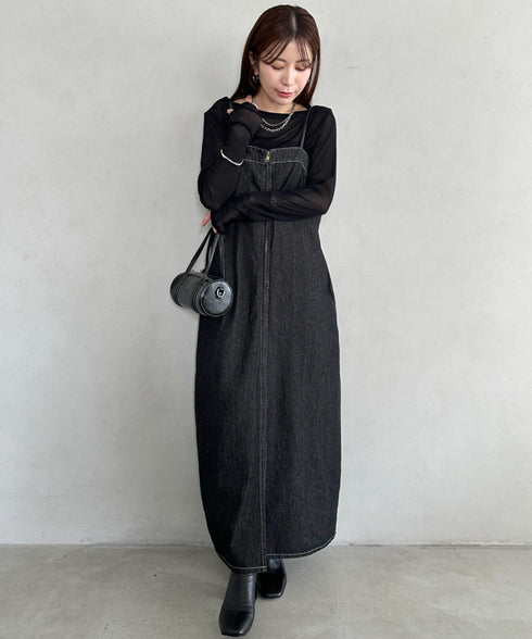 高身長さんも嬉しい♪LONGサイズ展開有 フロントジップデニムロングジャンパースカート デニムジャンスカ | MD2262063 | ブラック