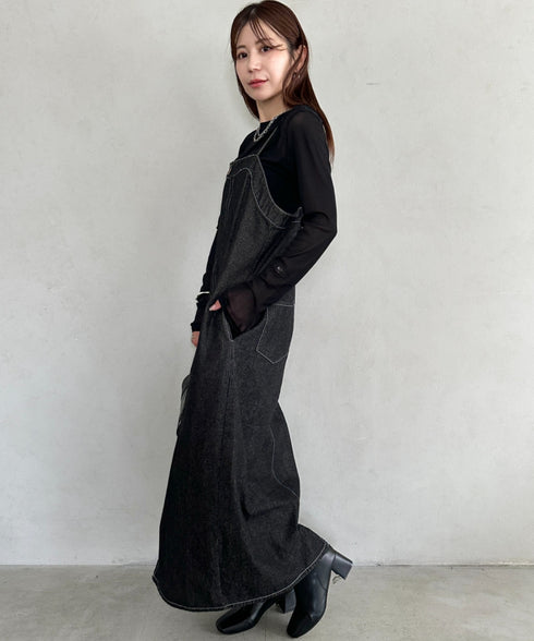 高身長さんも嬉しい♪LONGサイズ展開有 フロントジップデニムロングジャンパースカート デニムジャンスカ | MD2262063 | ブラック
