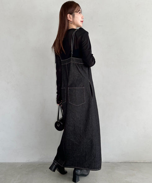 高身長さんも嬉しい♪LONGサイズ展開有 フロントジップデニムロングジャンパースカート デニムジャンスカ | MD2262063 | ブラック