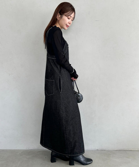 高身長さんも嬉しい♪LONGサイズ展開有 フロントジップデニムロングジャンパースカート デニムジャンスカ | MD2262063 | ブラック