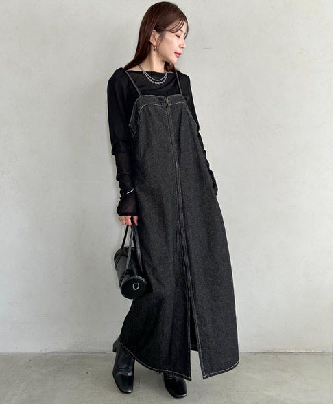 高身長さんも嬉しい♪LONGサイズ展開有 フロントジップデニムロングジャンパースカート デニムジャンスカ | MD2262063 | ブラック
