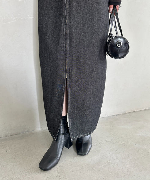 高身長さんも嬉しい♪LONGサイズ展開有 フロントジップデニムロングジャンパースカート デニムジャンスカ | MD2262063 | ブラック