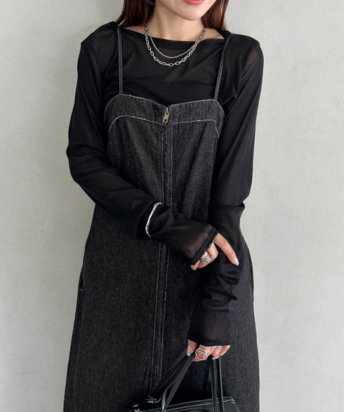 高身長さんも嬉しい♪LONGサイズ展開有 フロントジップデニムロングジャンパースカート デニムジャンスカ | MD2262063 | ブラック