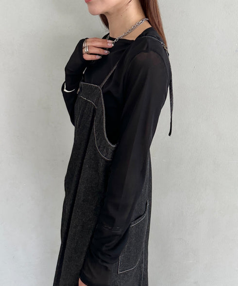 高身長さんも嬉しい♪LONGサイズ展開有 フロントジップデニムロングジャンパースカート デニムジャンスカ | MD2262063 | ブラック