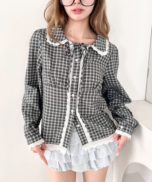 ロングスリーブチェックレースブラウス | LO2263007 | ブラック