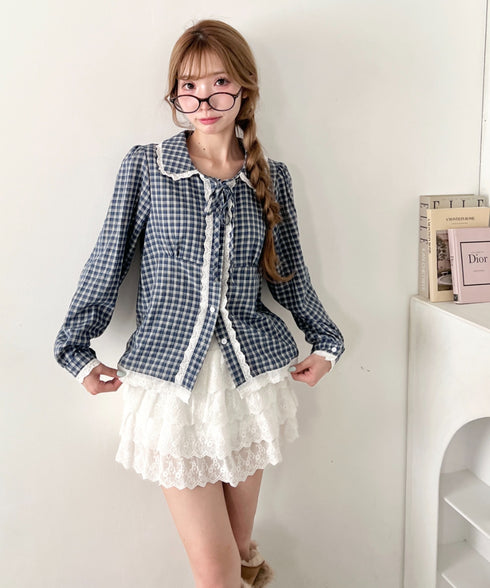 ロングスリーブチェックレースブラウス | LO2263007 | ネイビー