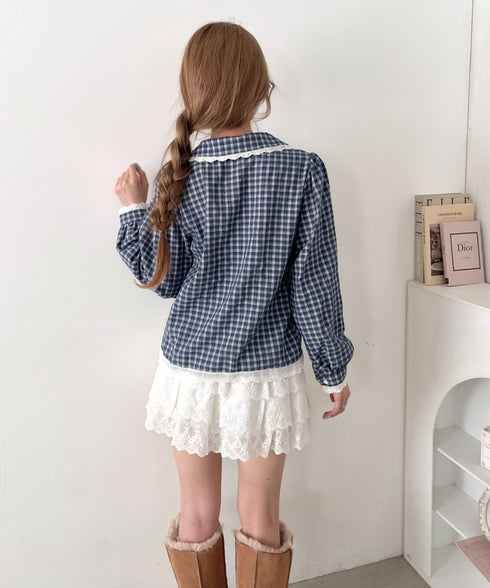 ロングスリーブチェックレースブラウス | LO2263007 | ネイビー