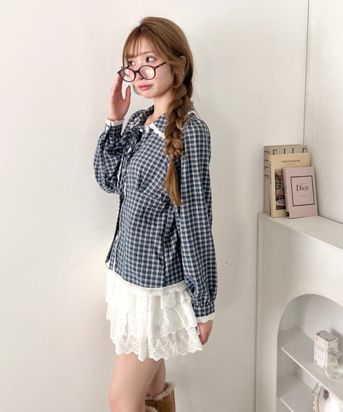 ロングスリーブチェックレースブラウス | LO2263007 | ネイビー