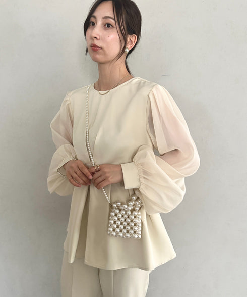 前後2WAY 袖オーガンジーパフスリーブタック入りフレアトップス スリムテーパードパンツセット フォーマルスーツセット オケージョン パンツドレス 結婚式 お呼ばれ 二次会 ドレス | MD2266012 | アイボリー