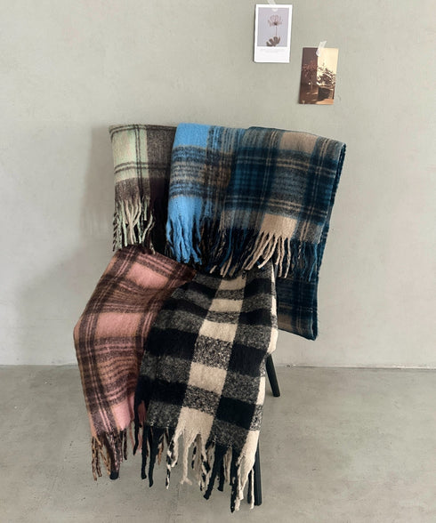 もちもち厚手ボリュームフリンジチェックマフラー | MD6264008 | ブルー