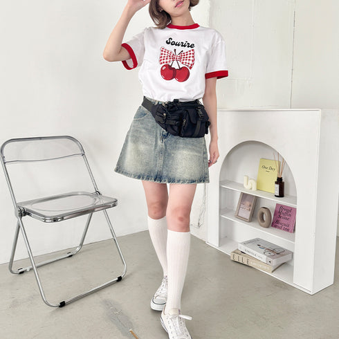 チェリーリボン半袖リンガーTシャツ | SL2252019 | レッド