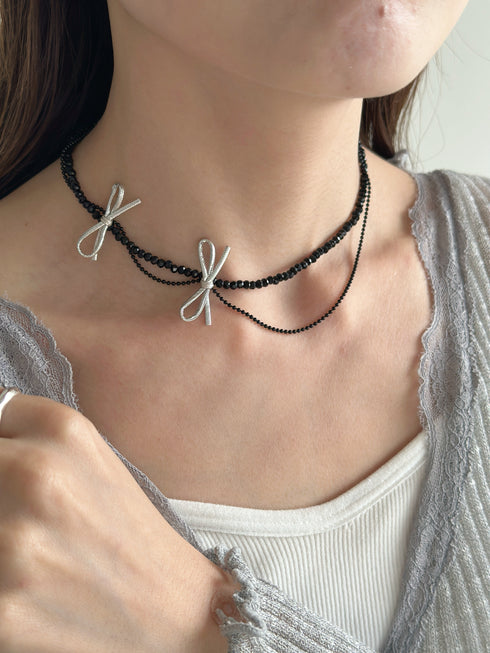 ポイントリボンビーズチョーカーネックレス-point ribbon beads choker necklace- | SW4241512 | ブラック